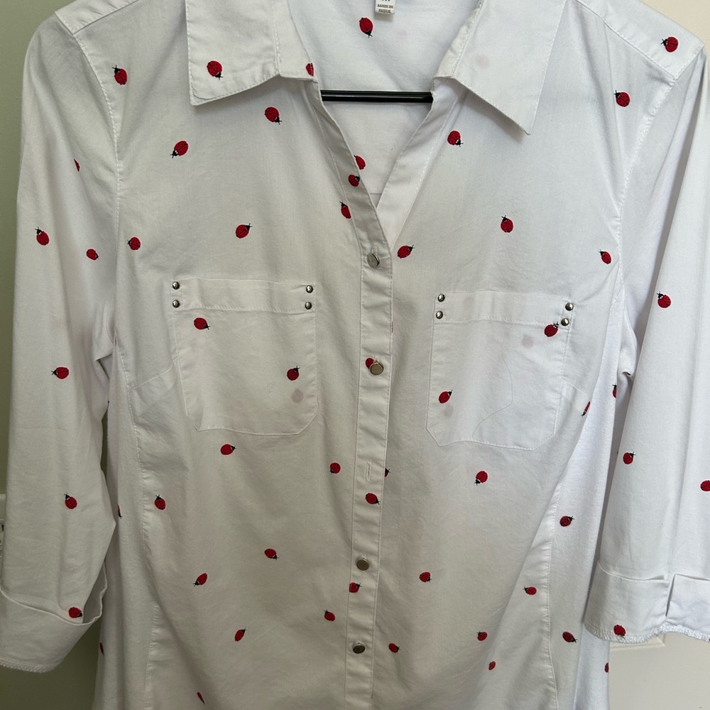 Coral Bay White Button-Up Shirt with lady bug Print
